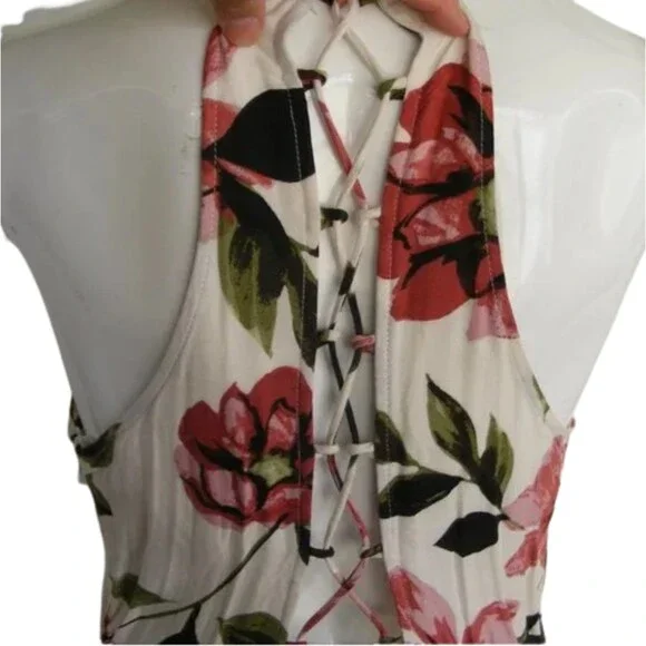 new OLIVACEOUS Mini Dress, L, White Floral, Ruffle, Surplice, Lace-up Back - Picture 4 of 14